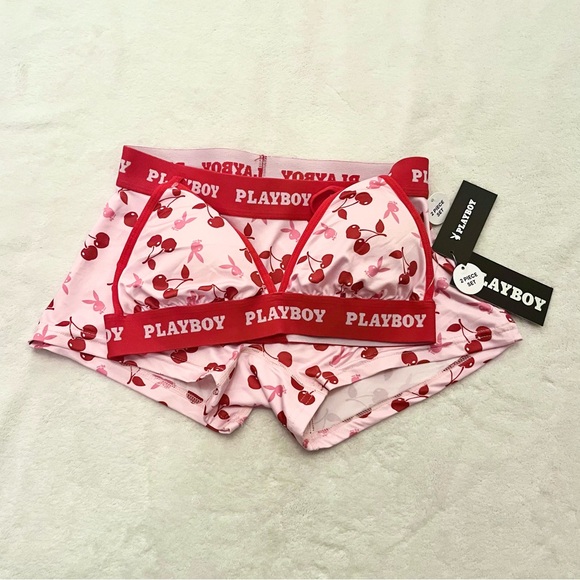 PLAYBOY Other - Playboy Bralette & Boyshort Set | Pink Cherry Print | Logo Elastic | Sz  S - NWT